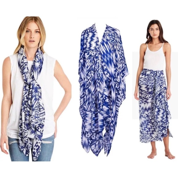 MICHAEL STARS Ruana Scarf Sarong Swim Cover-up Brushed Batik Blue White NWT - Picture 1 of 4